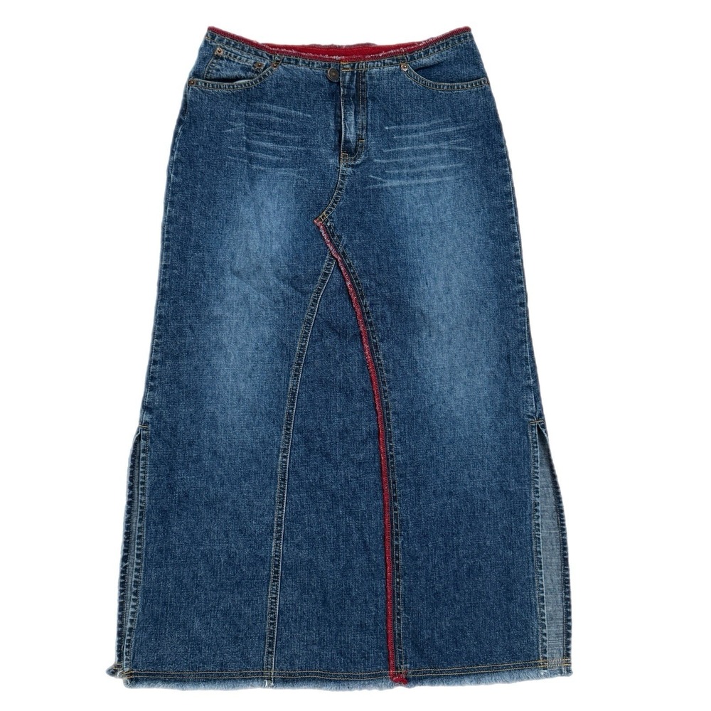 Vintage Unionbay Denim Maxi Skirt Y2K Red Stitching Raw Hem Women's Small